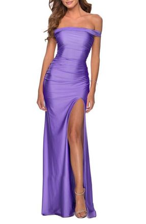 La Femme Off the Shoulder Dress with Tie Back and Slit in Periwinkle at Nordstrom, Size 12