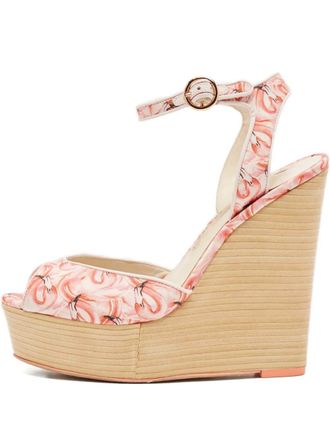 Sophia Webster pre-owned 90mm flamingo-print wedge sandals - women - Rubber/Leather/Canvas - 38 - Neutrals
