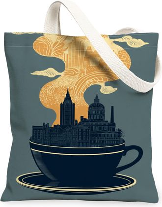 Generic Vintage Artistic Canvas Tote Bags, Cityscape Coffee Cup Design Reusable Grocery Bags, Lightweight Washable Shoulder Strap C, Blue, 13x15 Inch