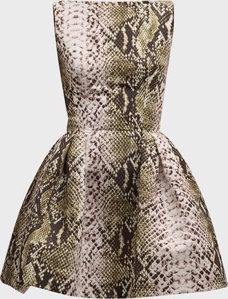 Oscar De La Renta Bateau-Neck Snake-Print Faille Sleeveless Mini Dress