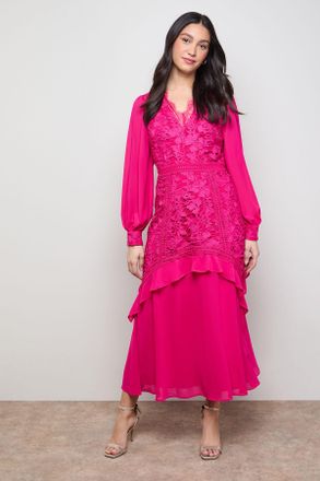 Oasis Womens Lace Puff Sleeve V Neck Midaxi Dress - Fuchsia - Size 10 UK