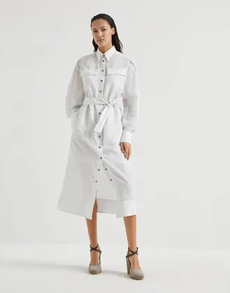 Brunello Cucinelli White Striped Belted Dress, Size M