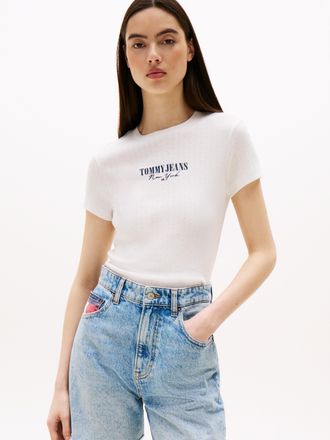 Tommy Jeans Kurzarmshirt TOMMY JEANS TJW SLIM LOGO 2 POINTELLE TEE, Damen, Gr. XS (34), beige (ecru), Single Jersey, Obermaterial: 60% Baumwolle, 40% Polyester, u