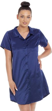 Camille Womens Luxurious Knee Length Plain Satin Nightshirts 12 Navy