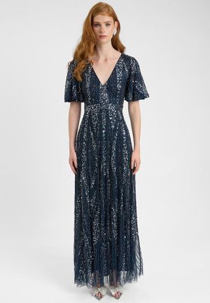 Beauut Embellished Sequin Beaded Maxi Dress With Flutter Sleeve in Navy at Nordstrom, Size 10