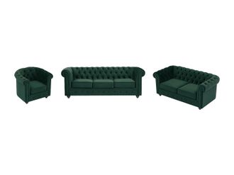 Vente-Unique Sof&aacute; de 3 plazas, 2 plazas y sill&oacute;n de terciopelo verde estilo CHESTERFIELD