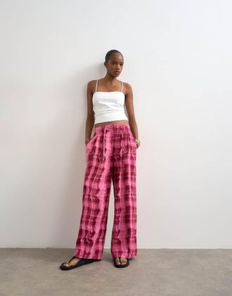 Topshop Pantaloni a palloncino misto lino rosa a quadri allacciati in vita