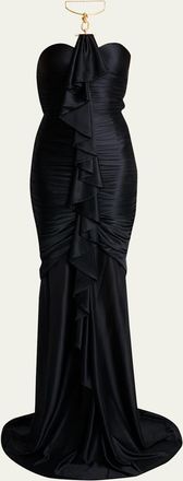 Balmain Gathered Ruffle Chain Halter Mermaid Gown