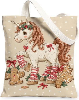 Generic Christmas Magical Horse Canvas Tote Bags, Holiday Animal Pattern Reusable Grocery Bags, Vintage Lightweight Washable Should, Beige, 13x15 Inch