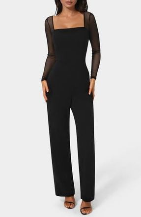 Bebe Square Neck Mesh Long Sleeve Jumpsuit in Black at Nordstrom Rack, Size X-Small