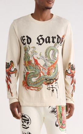Ed Hardy Rhinestone Dragon Long Sleeve Graphic T-Shirt in Ivory at Nordstrom Rack, Size Xx-Large
