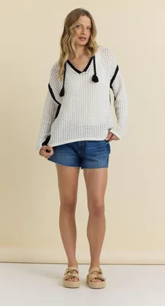 Vintage Havana Crochet Hoodie With Trim In Ivory
