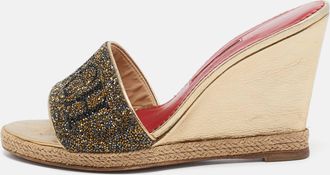 Carolina Herrera Metallic Glitter And Leather Wedge Espadrille Slide Sandals