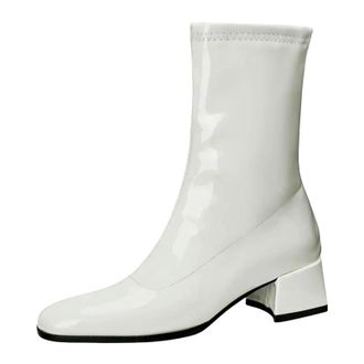 Generic Womens Mid Calf Boots Round Toe Medium Chunky Heel With Side Zipper And Glossy Finish For Dating And Outings