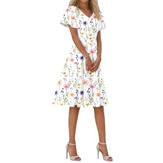 Generic Summer Dresses for Women Short Sleeve V-Neck Floral Wrap Waist Casual Dress Casual Plus Size Bohemian Floral Midi Summer Beach Swing Boho Dress Holida
