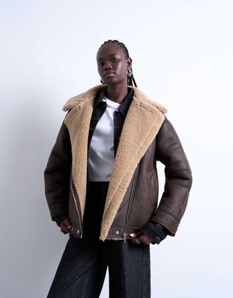 Topshop Giacca stile aviatore oversize color cioccolato in montone-Marrone