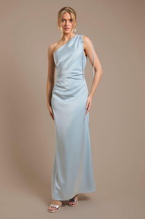 Oasis Womens Light Blue Ruched Side Detail One Shoulder Satin Maxi Bridesmaid Dress - Size 14 UK