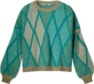 Summum Jacquard Diamantpatroon Boxy Pullover - Dames - Ronde hals truien - Veelkleurig - M - Truien & Vesten