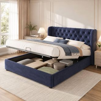 Merax Velvet 4ft6 Double Ottoman Storage Bed Frame in Blue