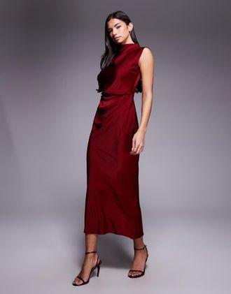 Asos Vestito midi in raso bordeaux accollato con corpino a pieghe-Rosso