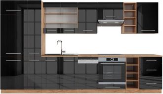 Vicco Cucina componibile Fame-Line, Antracite lucido/oro power oak, 355 cm senza piano di lavoro