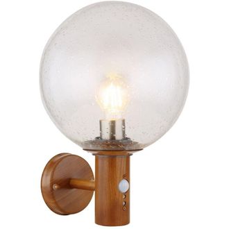 Globo Lighting Ossy Aplique de pared con globo PIR, aspecto madera, IP44, transparente, con burbujas de aire, pantalla de cristal, 1 sensor E27 de amanecer y