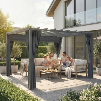 OUTSUNNY 3.6 x 3 m Aluminium Pergola with Retractable Roof Canopy, Curtains in Dark Grey | Size: 3m x 4m