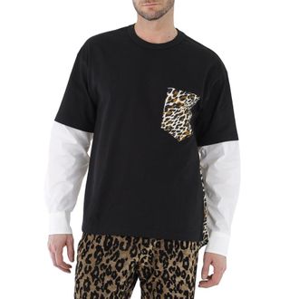 Roberto Cavalli Mens Black Hybrid Poplin Sleeve Animalier Cotton Jersey T-shirt, Size Medium