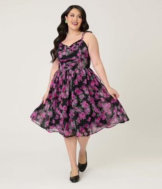 Unique Vintage Plus Size Reed Swing Dress in Black & Purple Floral at Nordstrom, Size 4X