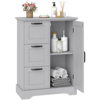 Costway 60cm Floor Cabinet Grey MDF Panels Anti-tip Kit Barn Door 3 Drawers Grey