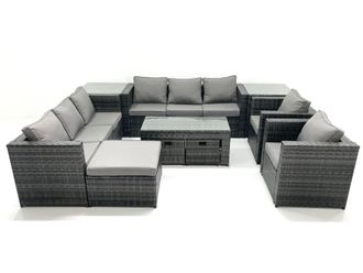 Fimous Rattan Garden Furniture Sofa Set with Coffee table Armchair 2 Side Tables 3 Footstools Dark Grey Mixed