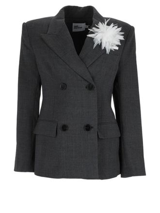 Self Portrait Grey Feather Embellished Double-Breasted Blazer
