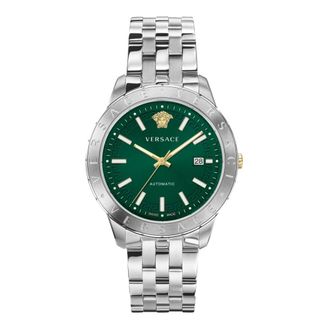 Versace Accessoires, Heren, Grijs, ONE Size, Automatisch horloge met datumvenster en roestvrijstalen armband