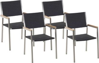 Beliani Conjunto De 4 Sillas De Jard&iacute;n Negro Plateado Asiento De Rat&aacute;n Sint&eacute;tico Patas De Acero Inoxidable Apilable Moderno Comedor Exterior Grosseto