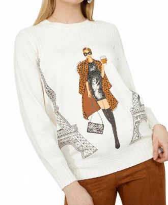Frank Lyman Design Fashionable Lady In Paris Graphic Pullover Sweater In Off White