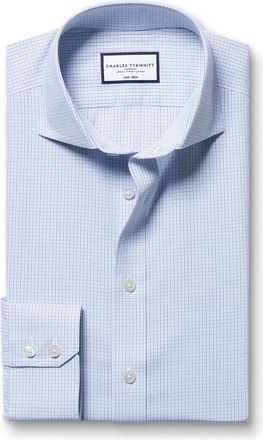 CHARLES TYRWHITT Non-Iron Stretch Poplin Check Cotton Shirt - Cobalt Blue Single Cuff Size 15.5/33 by Charles Tyrwhitt