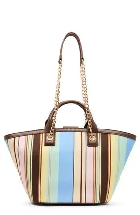 Anne Klein Stripe Double Handle Tote Bag with Pouch in Sepia at Nordstrom Rack