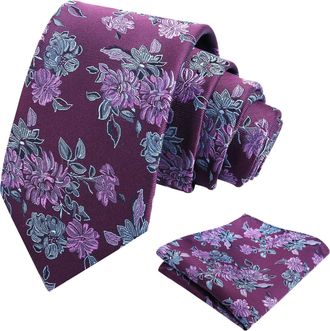 Alizeal Mens Retro Floral Necktie and Hanky Business Wedding Tie and Pocket Square Set, Purple+Blue