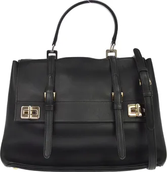 Prada Dual Flap Double Turn Lock Satchel City Calfskin Black Leather Handbag (Pre-Owned)