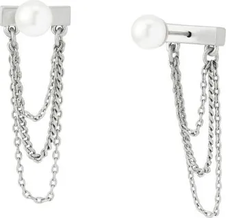 AllSaints Faux Pearl Swag Chain Front/Back Earrings in Pearl/warm Silver at Nordstrom