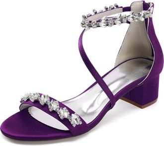 Generic Womens Wedding Heels Bridal Low Chunky Heels Sandals Satin Open Toe Heeled Party Dress Pump Shoes 4.5Cm,Dark Purple,10 UK