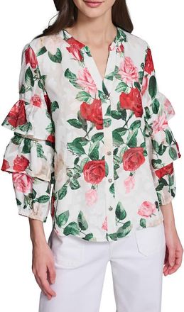 Karl Lagerfeld Rose Print Ruffle Top in Soft White Multi at Nordstrom, Size X-Small