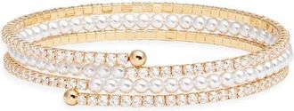 Nordstrom Faux Pearl & Cubic Zirconia Coil Wrap Bracelet in Clear- White- Gold at Nordstrom