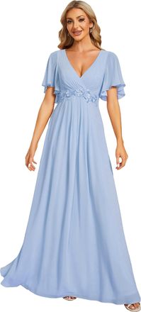 Ever-pretty Womens Chiffon V Neck Short Sleeves Appliques Formal Evening Dresses Bridesmaid Ice Blue 18