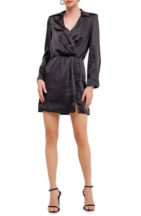 endless rose Long Sleeve Satin Minidress in Black at Nordstrom, Size Large