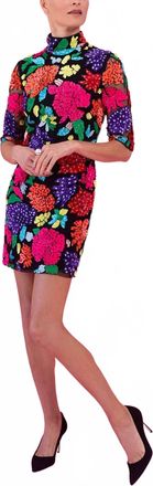 Naeem Khan Floral Beaded Mock Neck Dress In Black/ Multi