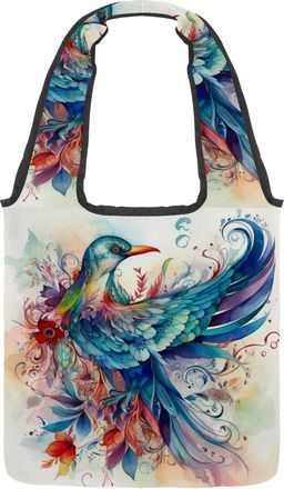 Generic Watercolor Bird Floral Reversible Canvas Shoulder Tote - Double-Sided Print, 12oz Cotton, 27cm Drop, Fold-Flat Bag for Travel, Shopping, Street Outing
