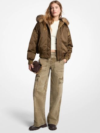 Michael Kors Faux Fur-Trimmed Satin Cir&eacute; Hooded Bomber Jacket