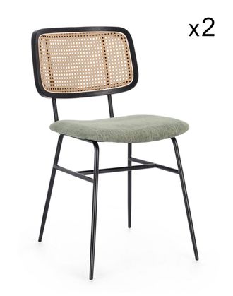 Konte Design Lote de 2 sillas de tela verde y rat&aacute;n y patas negras