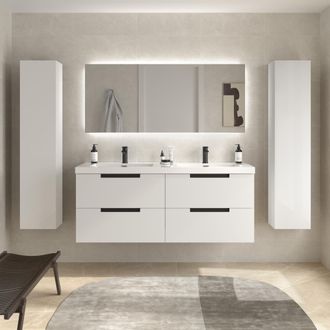 Cygnus Bath Mueble De Ba&ntilde;o Leni 140cm Blanco Mate 4 Cajones Lavabo Toscana 2 Pozas Carga Mineral